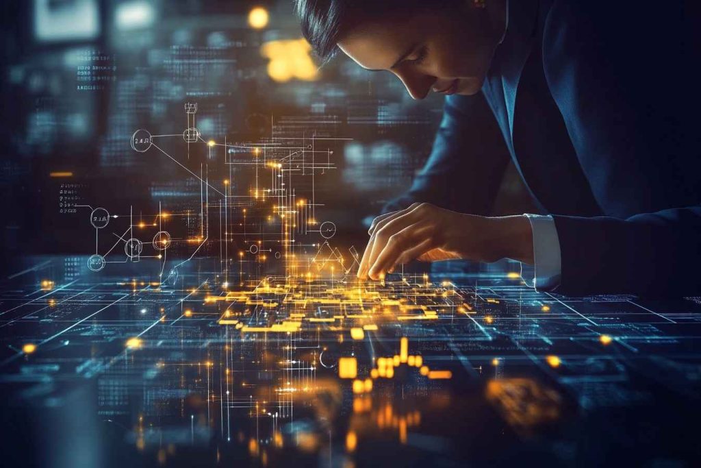 A professional business person solving a floating 3D puzzle made of glowing data nodes
