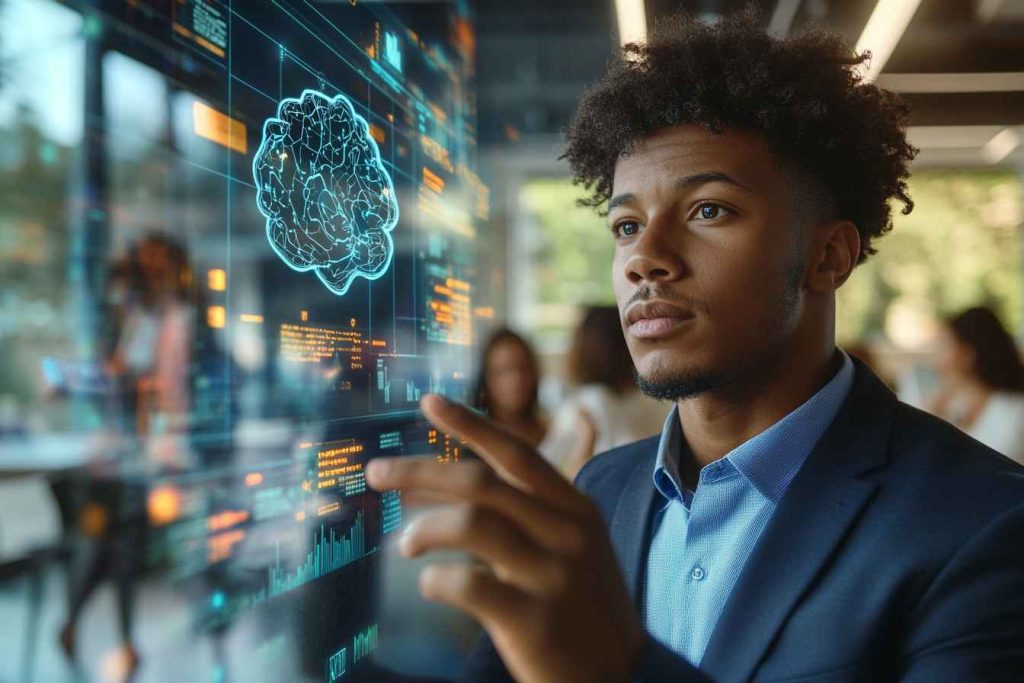 a modern collaborative office space, analyzing a holographic personality assessment dashboard floating before him