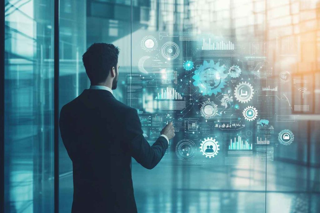 A professional man interacts with an abstract digital interface featuring floating visual elements like gears, growth charts, and human silhouettes, symbolizing innovation, collaboration, and talent intelligence, set in a sleek, modern office environment.