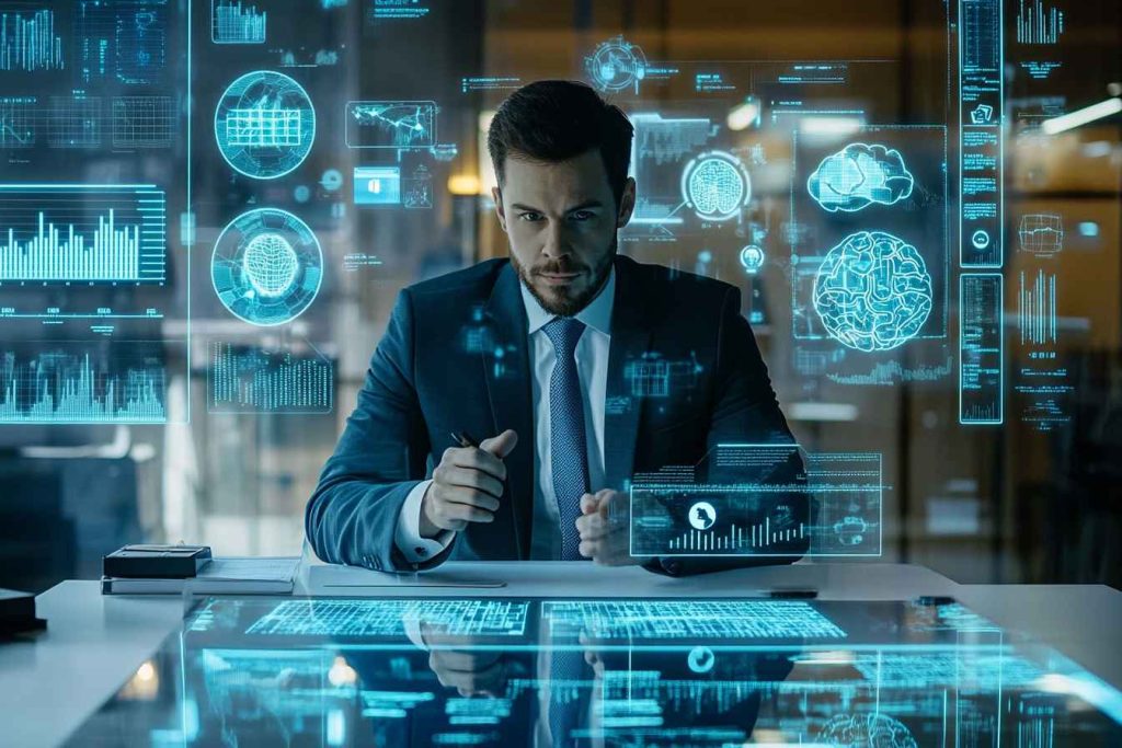 Confident male HR manager analyzes candidate assessment data on a futuristic dashboard with cognitive and personality test icons.