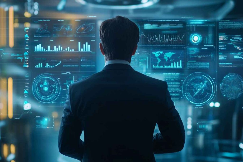 A professional man observes a futuristic digital dashboard with floating visuals representing trust, performance, analytics, and innovation, including holographic graphs and client success metrics, set in a clean, modern environment with soft cinematic lighting.