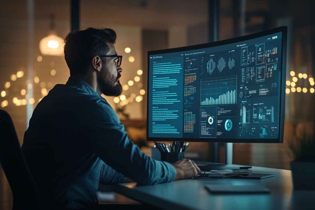 A professional man sits at a sleek desk, thoughtfully reviewing a glowing digital screen displaying article snippets, charts, and blog icons, symbolizing industry insights and thought leadership in a blurred modern workspace with cinematic lighting.