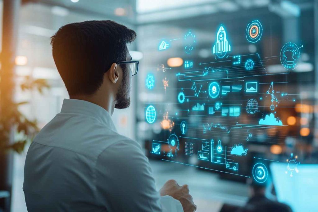 A male professional observes a floating holographic timeline illustrating business growth from startup to SMB to enterprise, with assessment icons activating at each stage, surrounded by symbols like a rocket, puzzle pieces, and global connectivity in a futuristic corporate environment.
