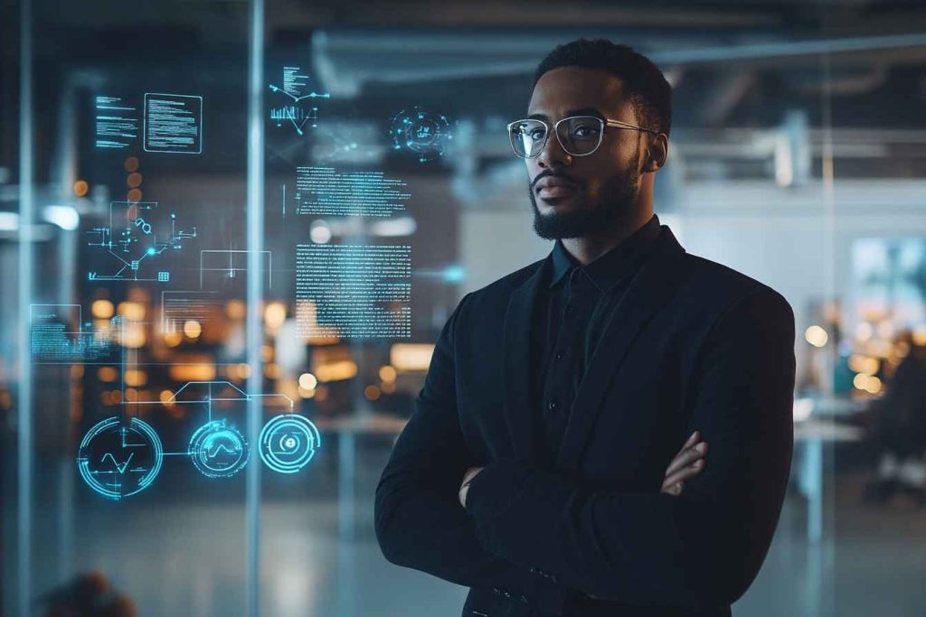 A male professional stands in an open, futuristic office space surrounded by gently rotating glowing icons representing teamwork, innovation, flexibility, and growth, symbolizing a dynamic and positive company culture.