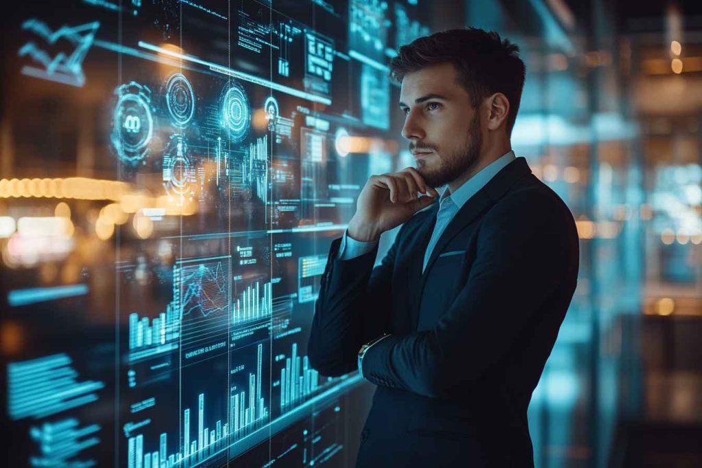 Confident male executive analyzes data with glowing cognitive analytics in modern office, symbolizing smart hiring decisions.
