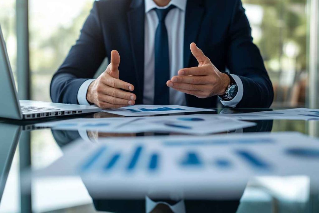 Professional businessman in navy suit negotiating at glass table with infographics, gesturing confidently during corporate meeting