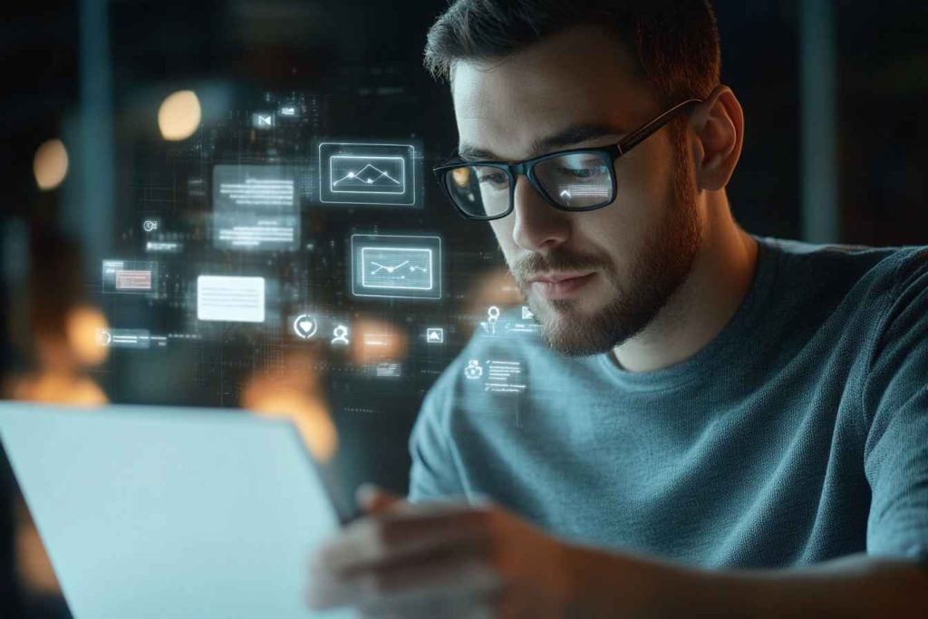 A thoughtful male professional reviews an incoming digital message on a transparent screen, surrounded by floating support and contact icons in a sleek, softly blurred office environment with cinematic lighting, symbolizing accessibility and responsive communication.