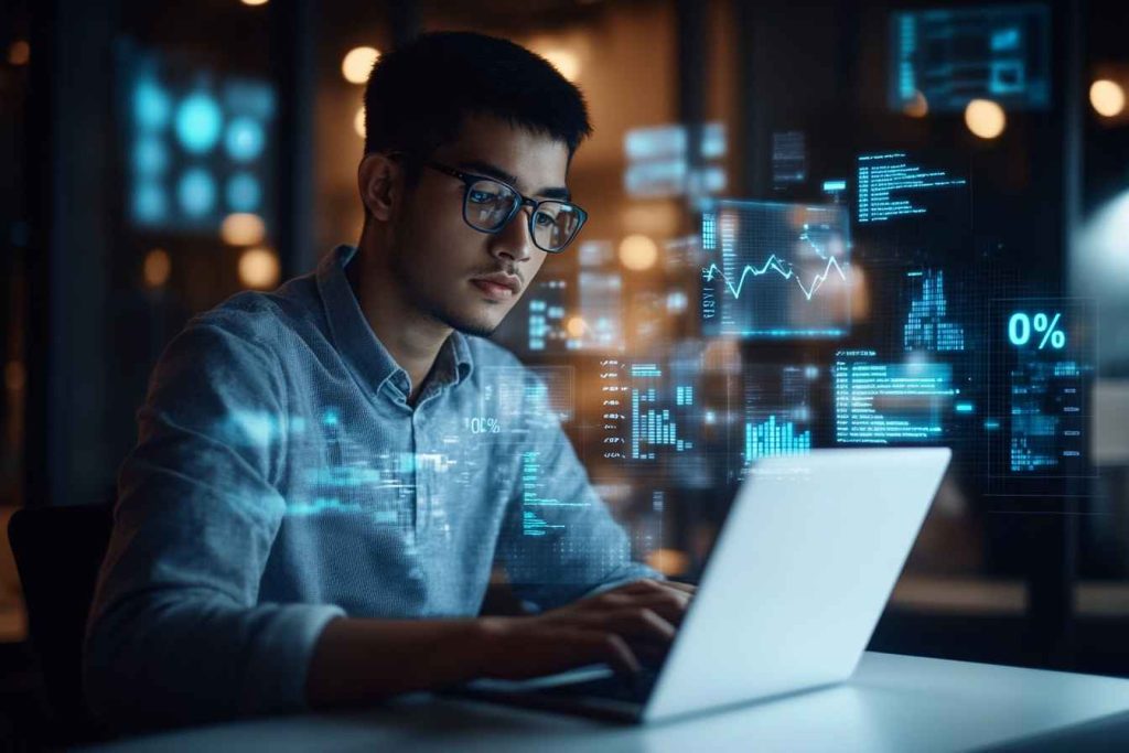 A young male professional with glasses working on a laptop,