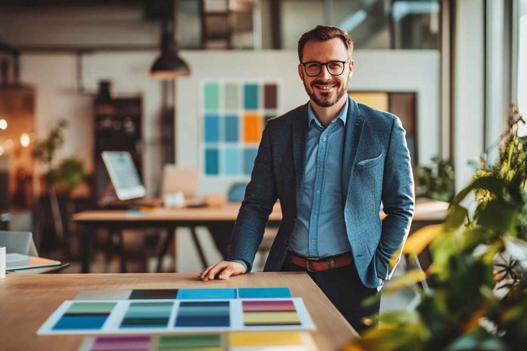 A confident male professional interacting with a vibrant color-based personality assessment interface