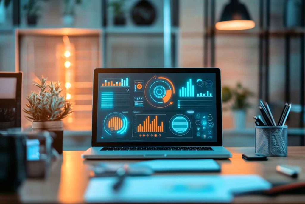 Professional digital marketing assessment concept with analytics dashboard, SEO tools, and social media graphs