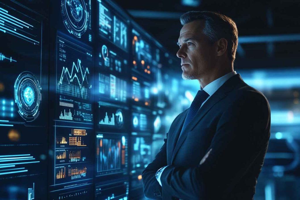 a male standing confidently in a dynamic crisis situation, surrounded by holographic data screens showing emergency alerts and analytics.