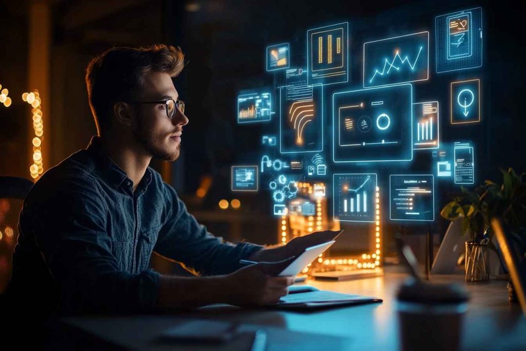 A professional man seated at a high-tech desk scrolls through a glowing digital FAQ panel, surrounded by animated pop-up windows symbolizing common questions and helpful answers, set in a modern workspace with soft lighting and realistic depth of field.