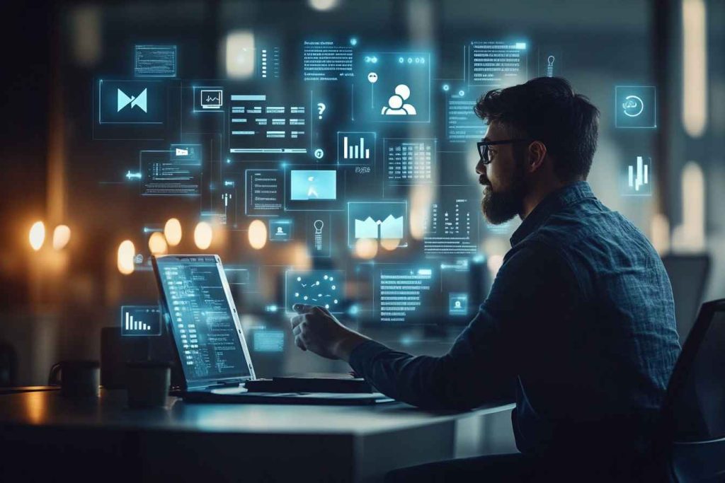A male professional sits at a modern desk interacting with a glowing digital help center interface displaying knowledge base articles, search bars, and support icons, surrounded by floating visuals of question marks, chat bubbles, and info symbols in a futuristic, softly blurred office setting.