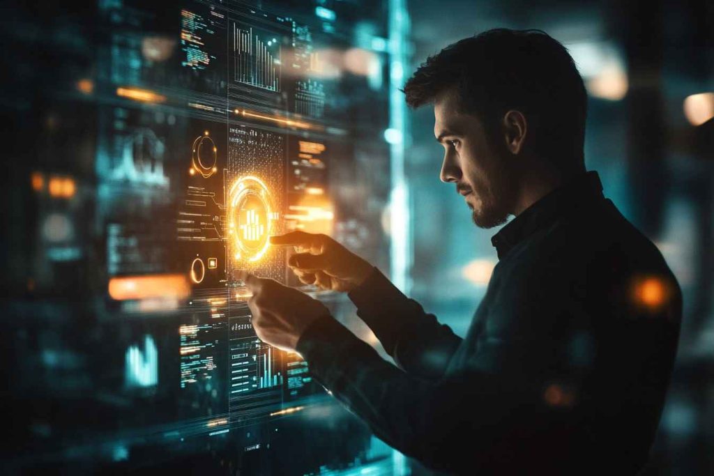 A professional man confidently turns a symbolic digital key, unlocking glowing holographic visuals representing cognitive abilities, personality traits, and job skills, surrounded by floating graphs and data insights in a modern office environment.