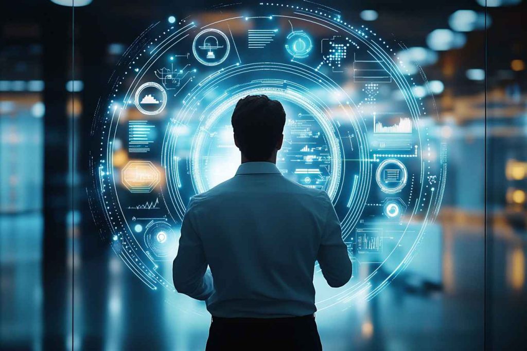 A professional man stands confidently in front of a circular holographic interface displaying interconnected icons representing various industries—technology, healthcare, finance, retail, manufacturing, and education—symbolizing tailored assessment solutions in a blurred futuristic office setting.