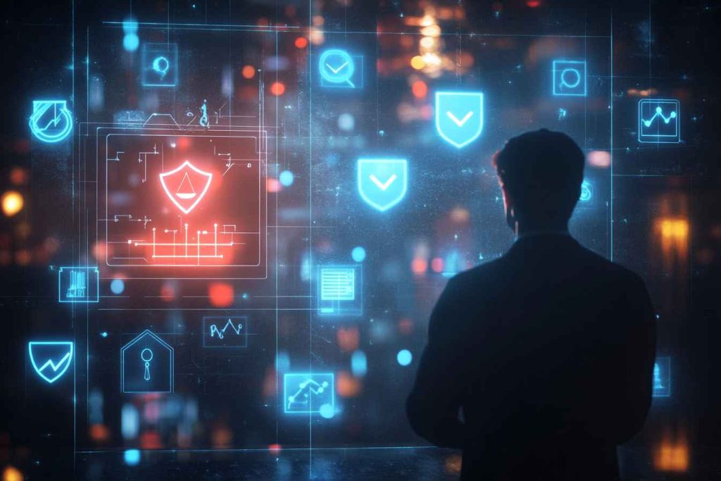 A professional man thoughtfully interacts with floating holographic icons symbolizing ethical decision-making, honesty, and integrity, including shields, checkmarks, and balanced scales, in a futuristic workplace setting.