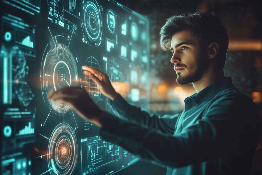 A confident young professional man interacts with a futuristic digital interface surrounded by floating icons symbolizing various job skills, including digital marketing, data entry, and supply chain management, highlighting skill verification and assessment.