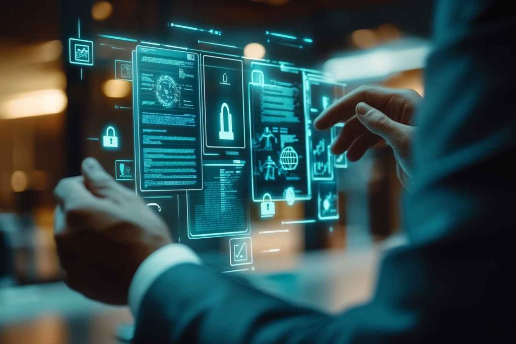 A professional man interacts with a futuristic digital interface displaying legal documents, lock icons, and ethical dilemma scenarios, symbolizing accountability, compliance, and integrity, set against a blurred modern office background.