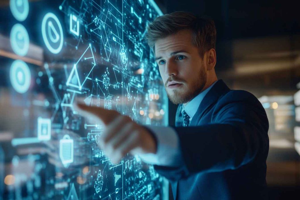 A male analyst in a modern office, intensely solving complex logic puzzles on a transparent glass board.