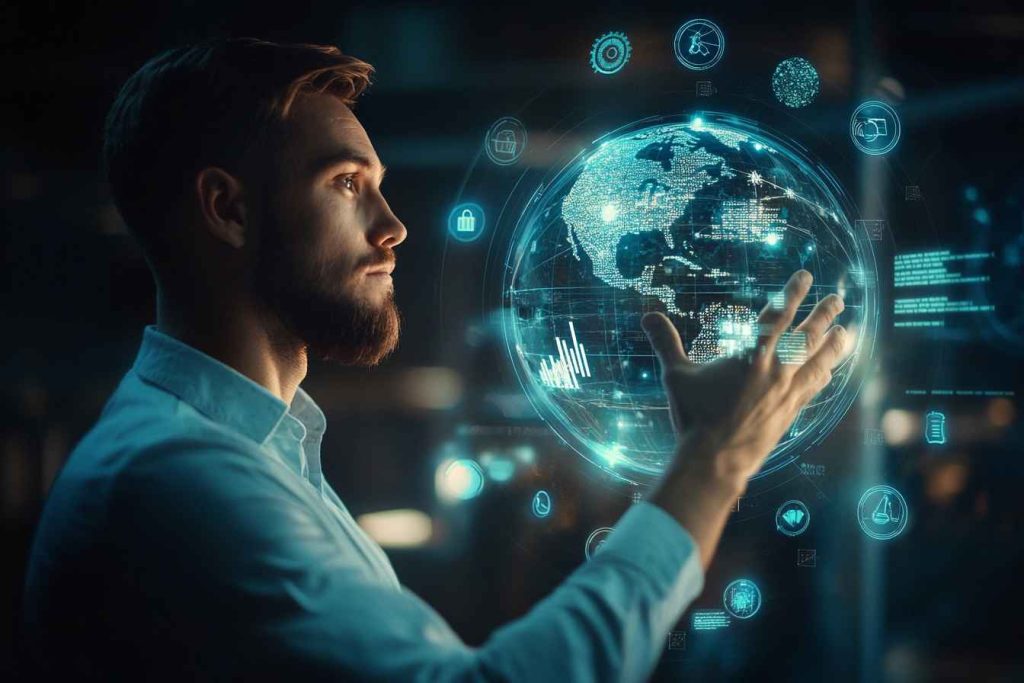 A thoughtful male professional reaches toward a glowing digital globe surrounded by floating icons of assessments, charts, and team symbols, representing global impact and data-driven hiring, set in a futuristic office with soft ambient light and a blurred background.