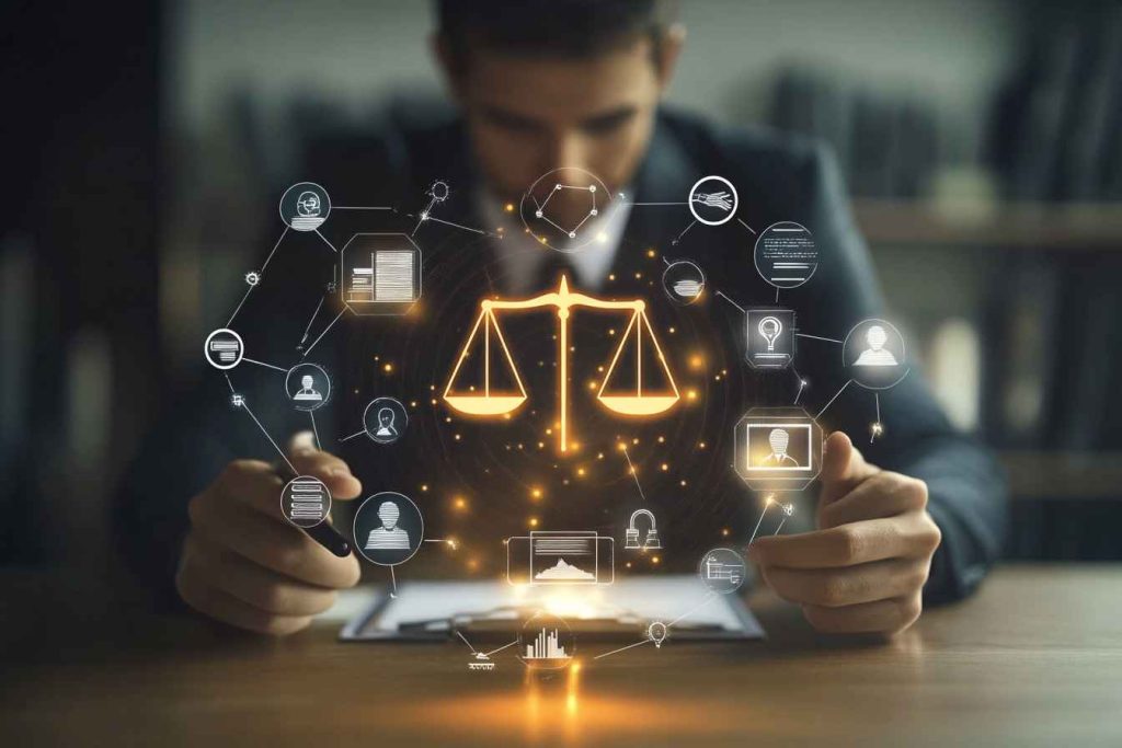 A male professional evaluates a glowing digital scale of justice while surrounded by translucent workplace scenarios representing moral dilemmas, with floating icons such as warning signs, handshakes, and question marks, set in a blurred modern office environment.