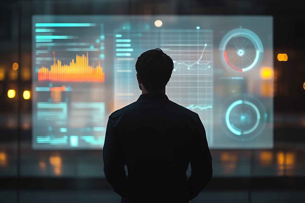 A male professional stands in front of a large transparent digital screen displaying layered personality results, colorful trait indicators, and charts, symbolizing psychological insight and team alignment, set against a blurred modern office background.