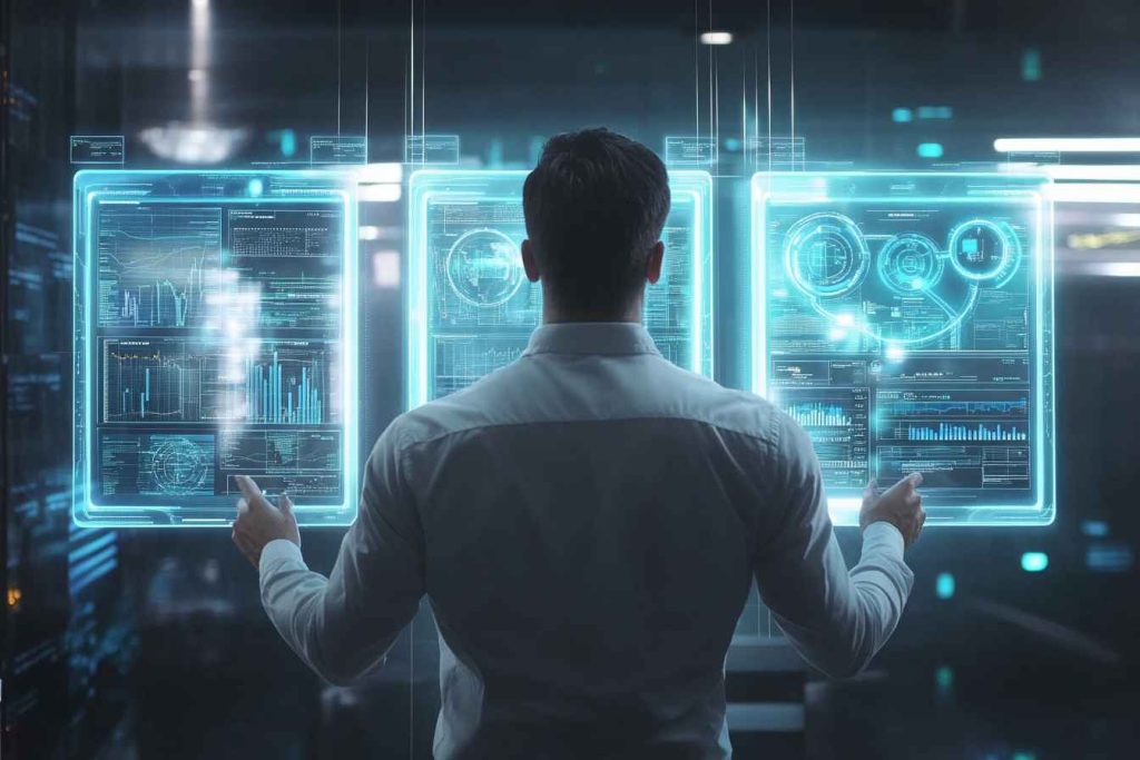 A male professional compares three floating holographic tiles representing pricing plans, each displaying animated visuals such as user slots, candidate limits, and report types, surrounded by visual metaphors for transparency and scalability in a futuristic workspace with soft lighting.