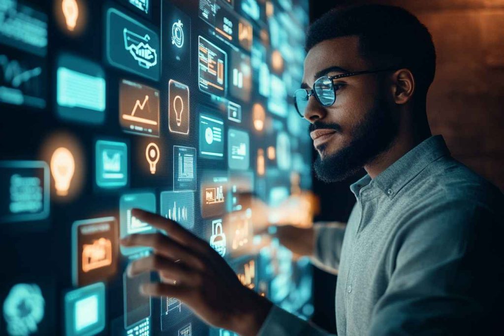 A focused male professional interacts with a large digital interface displaying resource tiles with icons for blog posts, guides, templates, and eBooks, surrounded by floating documents, charts, and lightbulb symbols in a modern workspace with soft lighting.