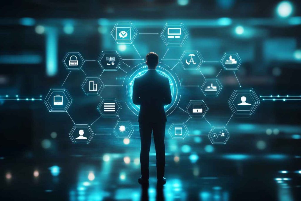 A confident male professional stands at the center of a digital interface segmented into glowing icons representing various job roles—leadership, sales, customer service, technical, HR, finance, and operations—connected by assessment visuals, set against a blurred futuristic office background.