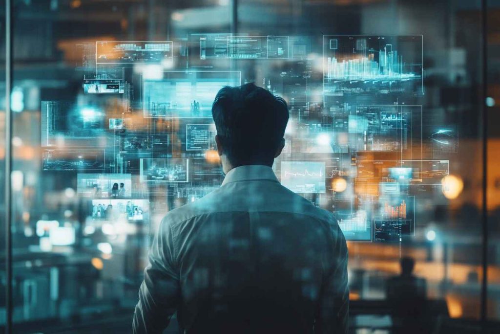 A professional man stands surrounded by floating translucent scenes depicting workplace situations—including a heated discussion, an emergency response, and a negotiation—each scene uniquely lit to reflect its emotional context, set against a softly blurred futuristic office background.