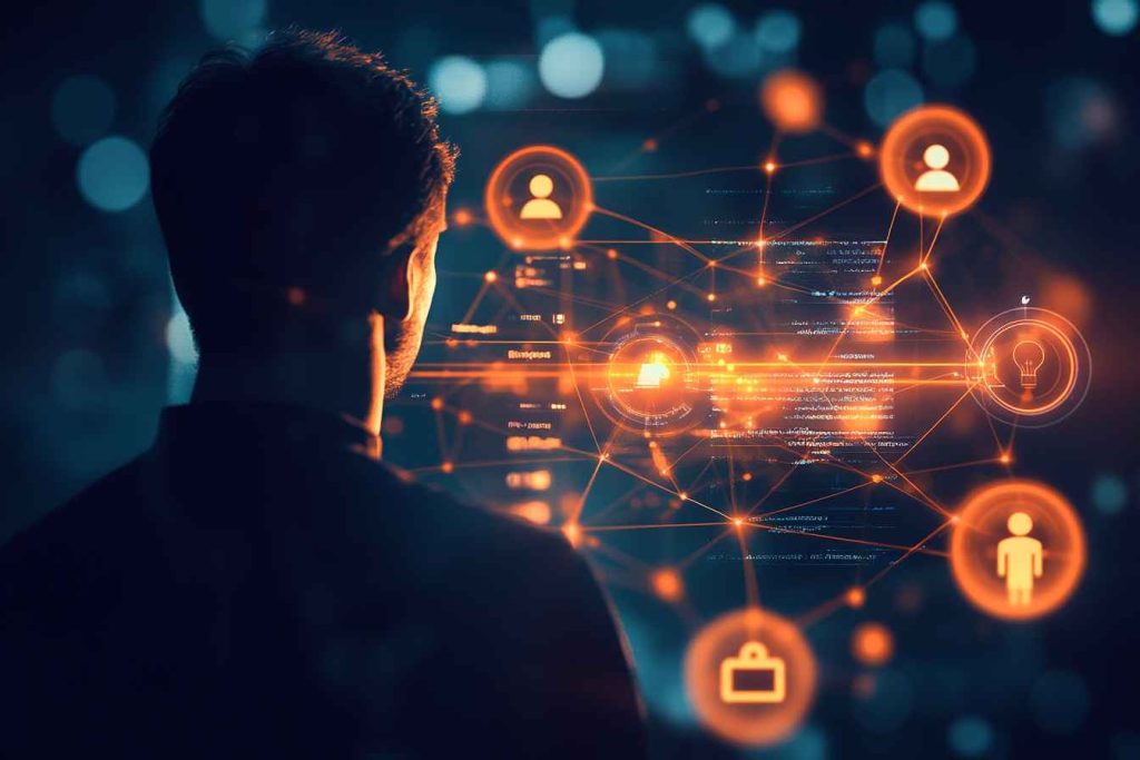 A thoughtful male professional navigates a glowing 3D digital map with floating icons representing skills, compliance, hiring, and growth, surrounded by visual metaphors like branching paths, data connections, and team silhouettes in a softly lit, modern environment.
