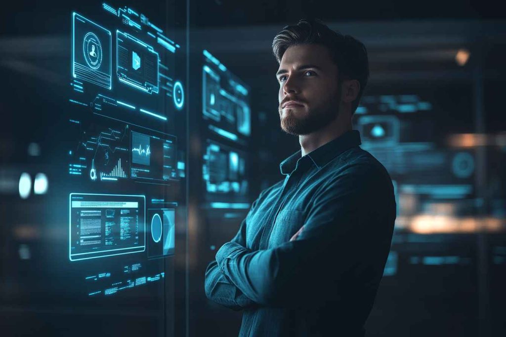 A confident male professional stands in front of a glowing digital interface featuring a large "Start" button and floating icons for assessments, user onboarding, and account setup, set against a sleek, futuristic office background with cinematic lighting.