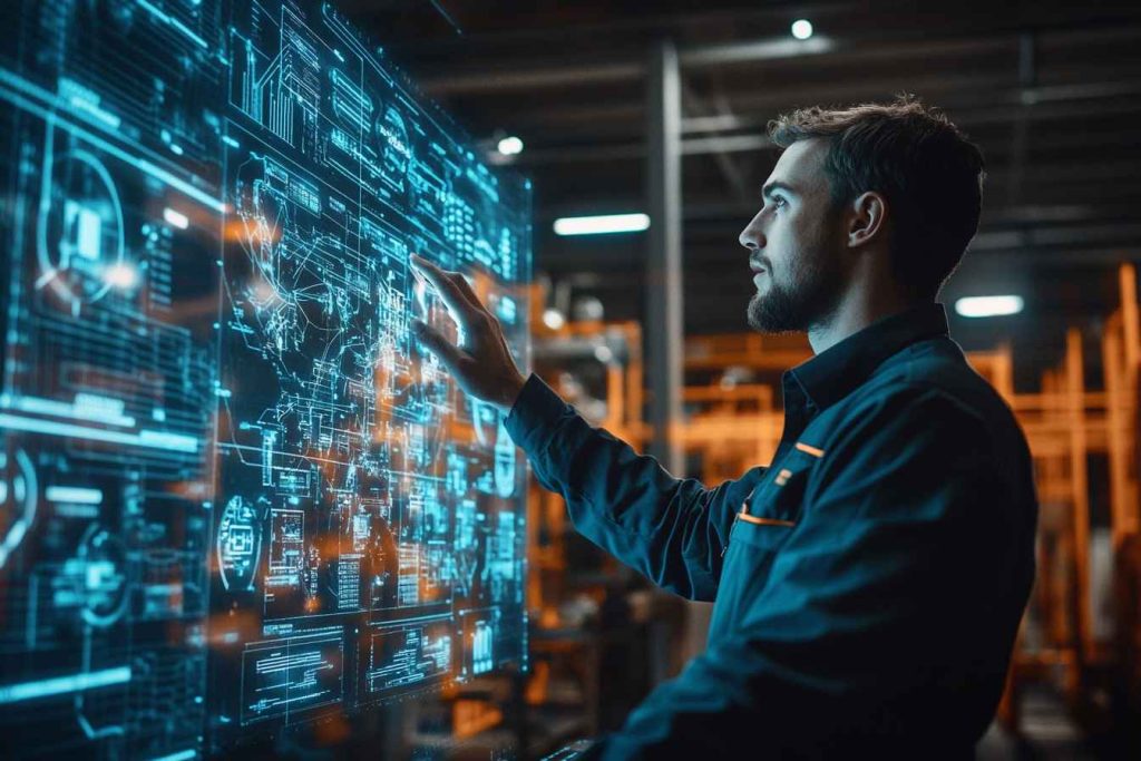 A professional male supply chain analyst interacts with holographic logistics data in a high-tech control room, surrounded by floating 3D shipping routes and warehouse robotics.