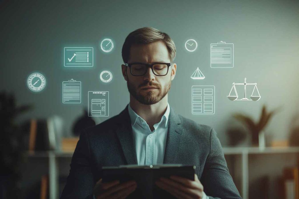 A professional man confidently manages floating abstract scenarios symbolizing workplace reliability, including deadlines, consistency, and accountability, surrounded by icons such as checklists, clocks, and balanced scales in a futuristic professional environment.