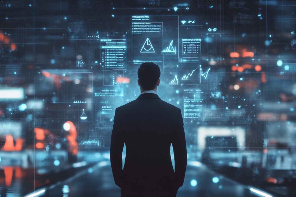 A focused professional man stands surrounded by floating digital icons and scenarios symbolizing ethical judgment, accountability, and workplace honesty, including checklists, caution symbols, and balanced scales, in a modern, futuristic office setting.