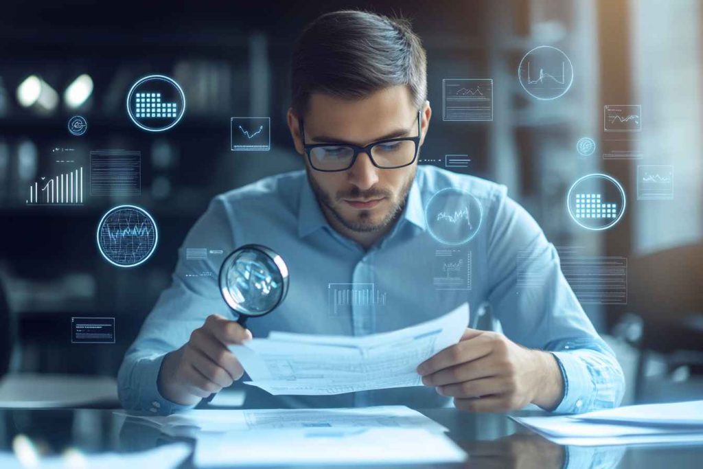 young male professional in a modern office setting examining documents with a magnifying glass.