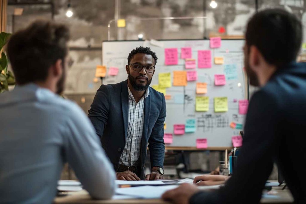 A diverse team collaborating in an office, with subtle visual representations of the Big Five traits
