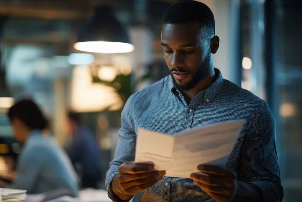 HR professional finalizing a hiring decision using a structured candidate assessment report.