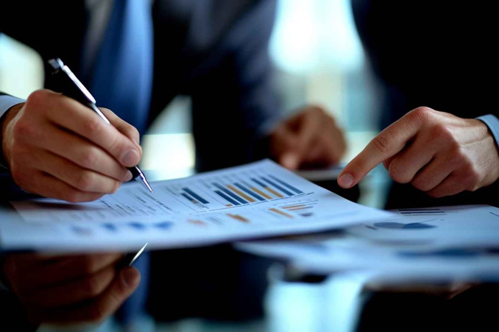 Hiring team discussing and analyzing candidate evaluation forms to finalize a hiring decision.