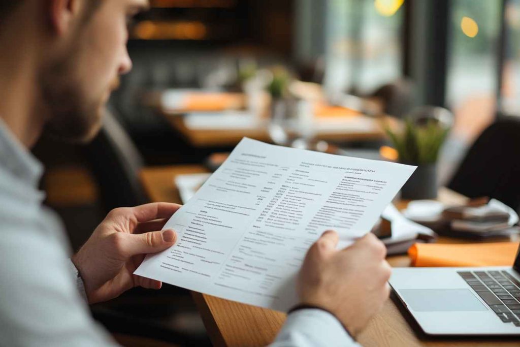 HR manager reviewing interview notes and candidate assessment sheets to make a hiring decision.