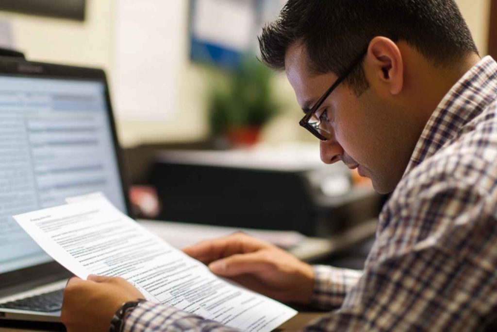 HR professional conducting a final review of candidate assessment reports before making a hiring decision.
