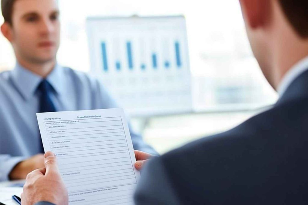 An interviewer using structured candidate assessment questions during an interview.
