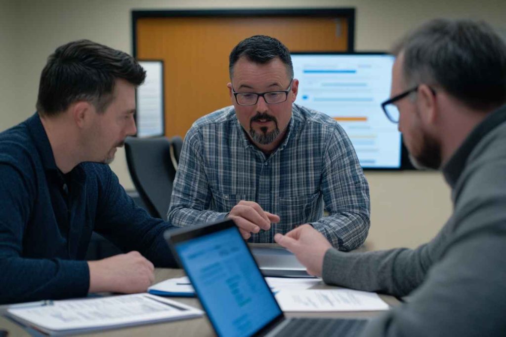 An HR team discussing candidate assessment results to make a hiring decision.
