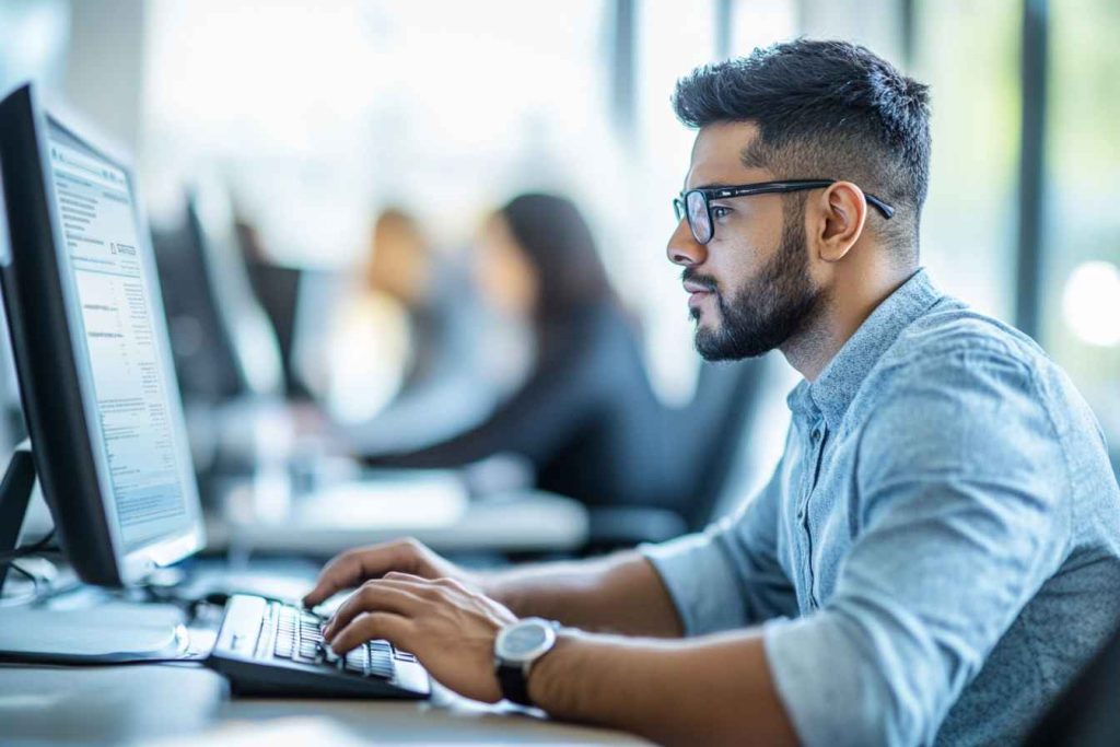 Candidate taking an integrity test on a computer while an HR professional monitors.