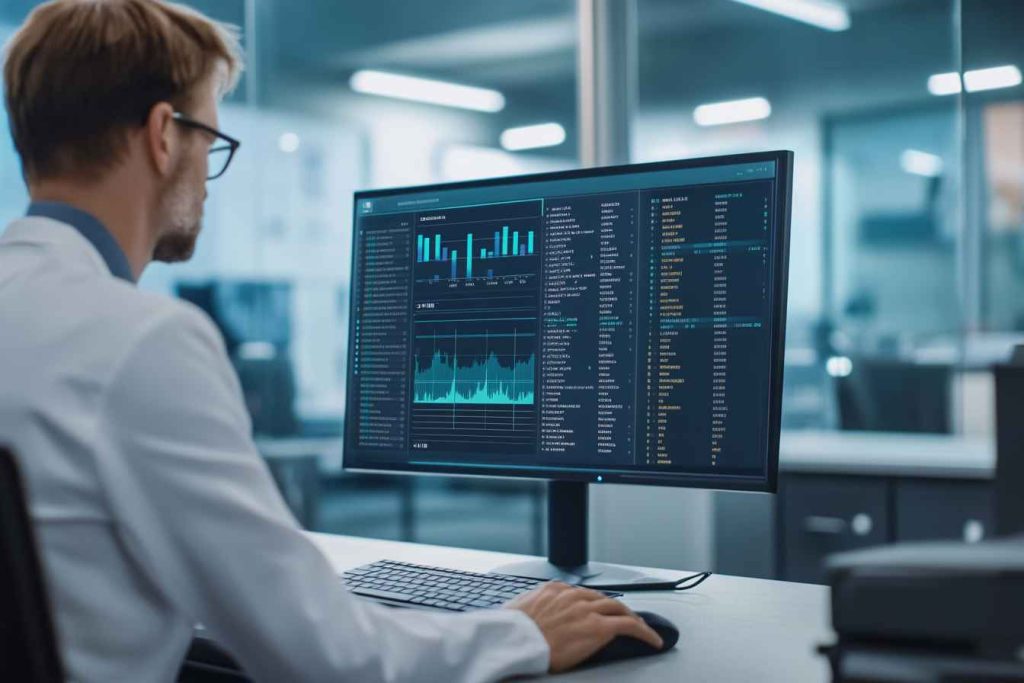 HR manager analyzing a pre-employment assessment report on a computer in a professional office setting.