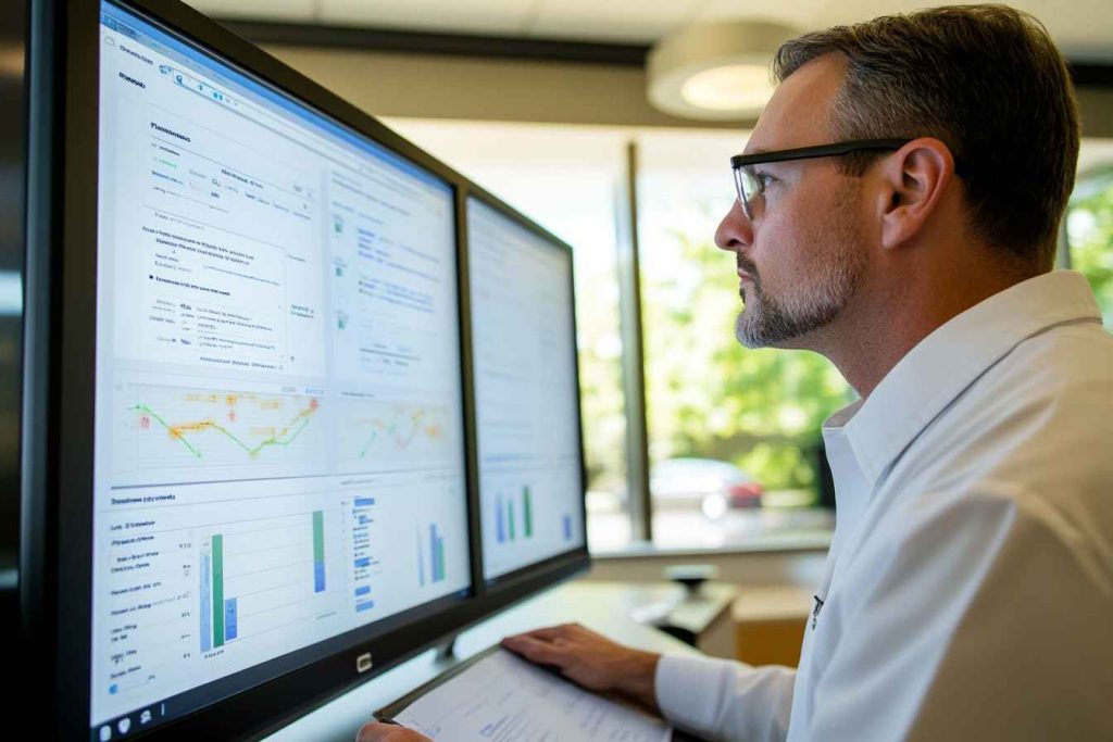HR professional analyzing candidate assessment results on a digital dashboard.