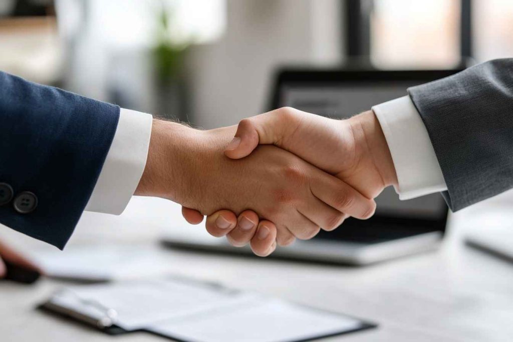 HR manager shaking hands with a newly hired employee in an office.