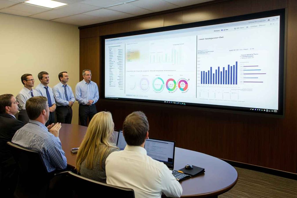 HR professional presenting candidate assessment data in a corporate boardroom.