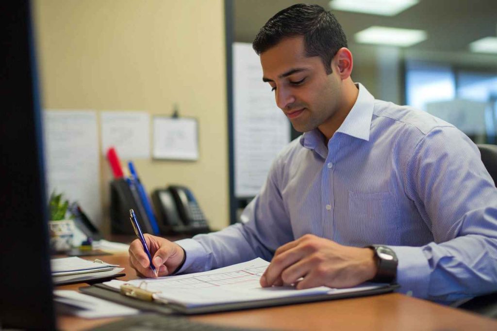An HR manager reviewing a structured pre-employment assessment form in an office.
