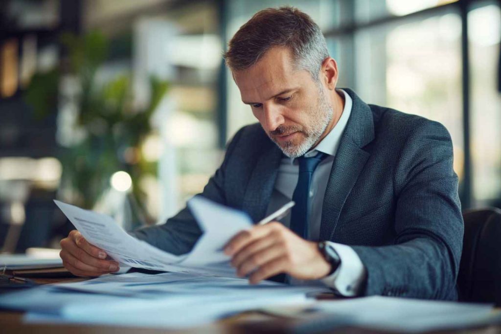 A school principal reviewing a teacher’s pre-employment assessment report in an office.